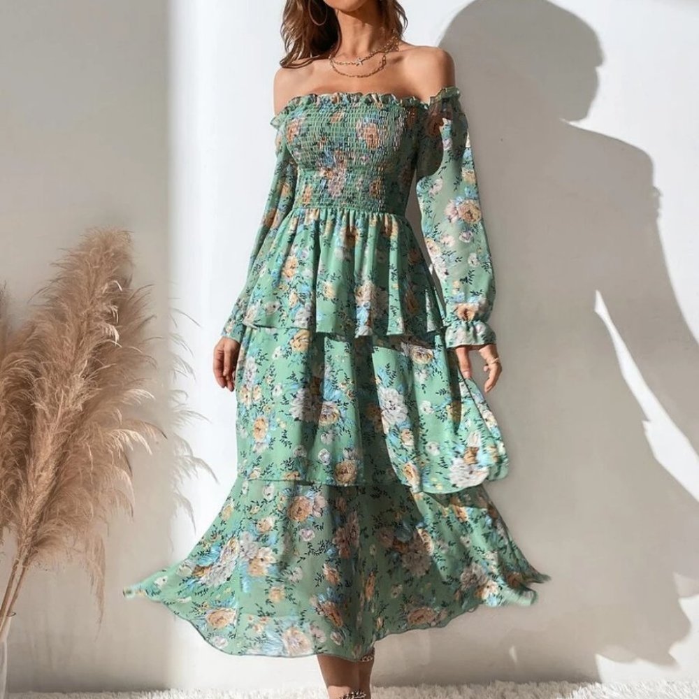 Off The Shoulder Shirred Layered Hem Floral Printed Dress